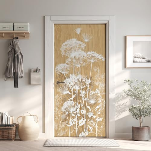Holzmaserung Türtapete Türposter Türfolie Selbstklebend PVC, Weiß Farn Pflanze Türaufkleber Abnehmbar Wasserdicht 90x200 cm, Helle Eiche Fototapete für Tür Wohnzimmer