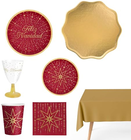 OH YEAH - Kit Vajilla Navidad 12 Personas Feliz Navidad - 82 Piezas - Platos, Vasos, y Servilletas Desechables - Decoración Mesa Navideña - Diseño Estrellas Doradas - Celebraciones