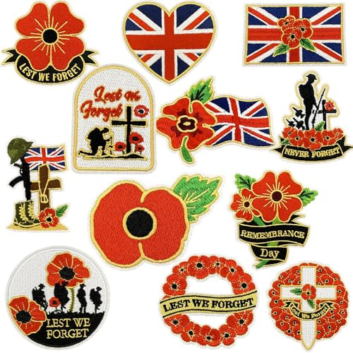 12 PCS Remembrance Day Patches Pins Union Jack Lest We Forget Applique Union Jack Flag Iron on Sew on Patches for Brooch Decorations Gifts Memorabilia Remembrance Sunday