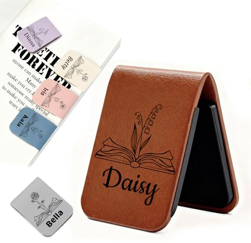 AAQ Personalisiertes Lesezeichen Magnetisch für Frauen - PU Leder Personalisiert mit Geburtsblume und Name Lesezeichen Geschenke für Liebhaber Freunde Leser Lehrer (Schwarz-weiß)