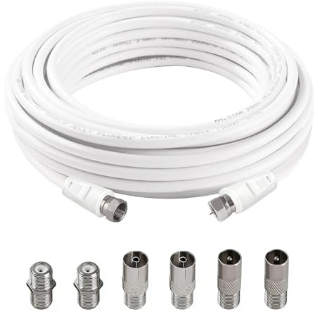 Flomiara TV Aerial Coaxial Cable F Male to F Male, 75 Ohm RG6 Coaxial High Speed TV Aerial Cabl, Fire-Resistant Aerial Connectors with 6 PCS Extension Couplers, for TV, Satellite (White, 5 Meters)