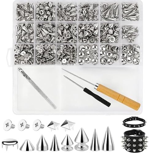Dmrbiy 455 Stück Nieten Set,Silberne Nieten Set Für Kleidung,Metallische Punk Spikes,Für Kleidung Und Leder,Geeignet Für Punk-Accessoires,Taschen Und DIY-Projekte