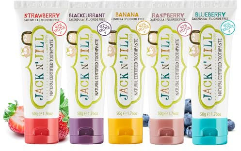 Jack N' Jill Natural Toddler Toothpaste - Fluoride Free Training Toothpaste for Toddlers 1-3, 40% Xylitol, BPA Free - 1.76 oz (Variety Pack of 5)