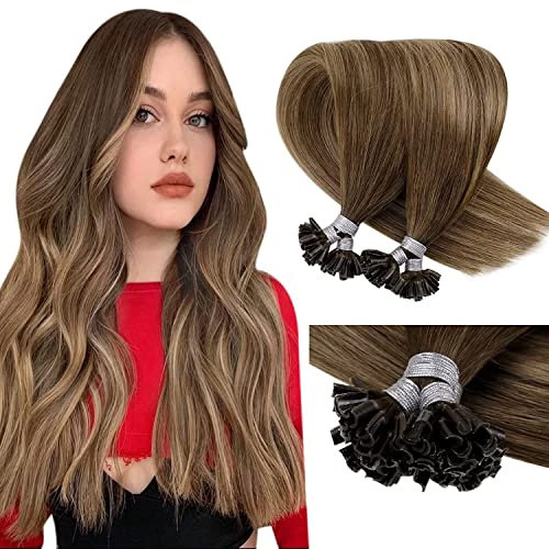LaaVoo Bonding Extensions Echthaar Ombre Braun Echthaar Extensions Mit Keratin Bondings Hot Fusion Bonding Haare Extension Mittelbraun Balayage Hellbraun und Dunkelste Blond #6/8/14 1g/s 50g 40cm