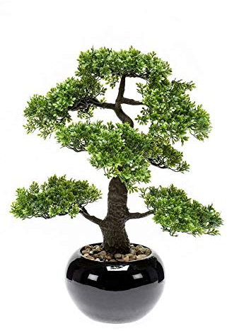 artplants.de Kunst Bonsai Ficus Asher im Keramiktopf, 45cm - Deko Ficus Benjamina Bonsai - Bonsai Unecht