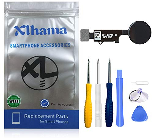 Xlhama Home-Button kompatibel mit iPhone 7/8/7 Plus/8 Plus (schwarz) mit Anschluss Flachbandkabel Flex Rahmen aus Metall schützt Knöpfe und Gummidichtung vorinstalliert inklusive Reparaturset