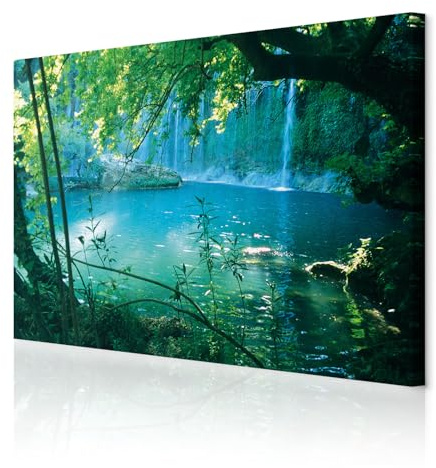 decomonkey Wandbilder Wasserfall 120x80 cm 1 Teilig Leinwandbilder Wanddeko | Strukturleinwand, Holzkeilrahmen, Bild auf Leinwand, Kunstdruck, Wohnzimmer, Wanddekoration, Natur, Wald