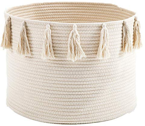 KIKOM Natural Woven Aufbewahrungskorb, Quasten-Wäschekorb, Gewebter Baumwollseilkorb, Aufbewahrungskorb für Kinder- und Haustierspielzeug, 17 x 11 1PC (Beige)