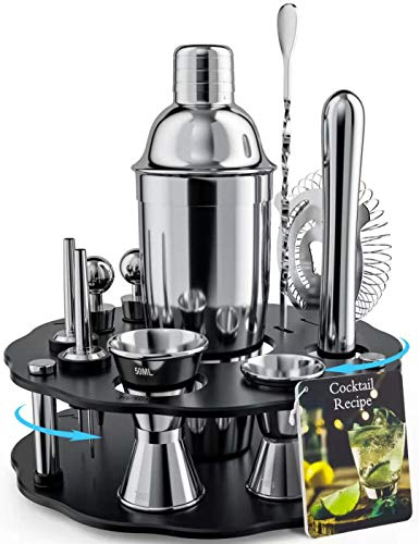 Bokhot Barkeeper-Set, 14-teiliges Cocktail-Shaker-Set aus Edelstahl mit drehbarem Ständer, 750 ml Shaker-Dosen, Messbecher, Löffel, Ausgießer, Stößel, Sieb, Zange, Flaschenverschluss, Öffner, Rezepte