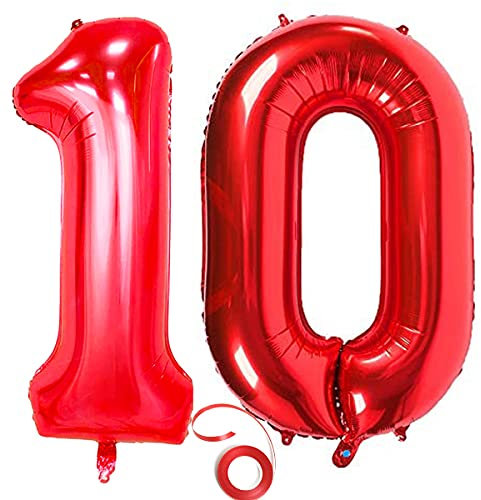 Jrzyhi Ballons Zahlen Luftballon 10.Geburtstag Rot Riesen Folienballon Zahl 10 Helium Nummer Große XXLNummer 10.Happy Birthday 10Jahre Riesenzahl Ballons für Geburtstag, Hochzeit Party Deko 100CM