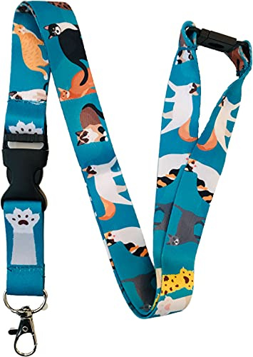 PAC Supplies Global Lanyard mit Katzenmotiv, 20 mm breit, abnehmbarem Schnallenverschluss, Klassisch, Pastel Blue, Cartoon, Nylon, Polyester