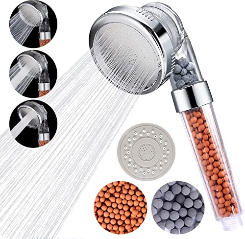 Wassersparender Duschkopf, Handbrause mit Öko Ionen Filter Mineralsteinen und 3 Strahlarten, Wassersparende und Druckerhöhende Duschbrause mit 3-Lagen-Filtration und zusätzlichen Steinen