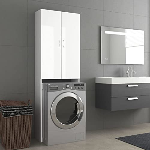 Wakects Mobile per Lavatrice Salvaspazio, Armadio con Ante e 3 Scomparti, Scaffale sopra Lavatrice e WC, Truciolato, 64 x 25,5 x 190 cm, Bianco Lucido