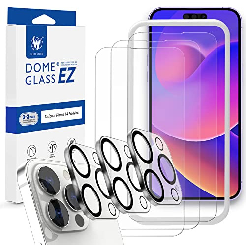 DOME GLASS [Whitestone EZ] Glass 3pck + Cam 3pck EZ Full Coverage Tempered Glass Shield [Easy Install- JIG type included] by Whitestone for Apple iPhone 14 Pro Max - Three Pack