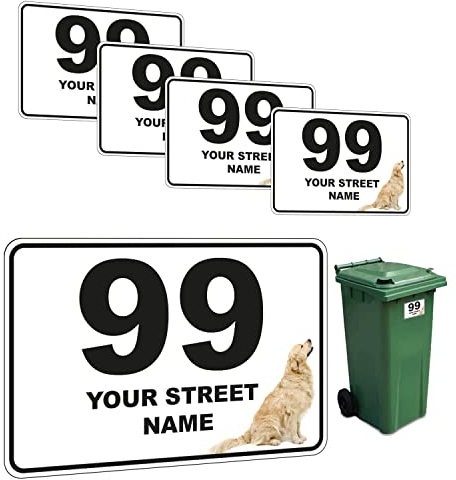 Concept Graphics x4 Golden Retrieve Dog Custom Personalised House Numbers & Street Name Decal Stickers for Wheelie Bins