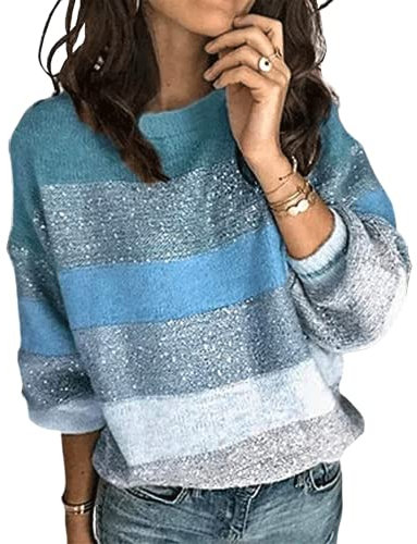 HEYPORK Damen Herbst Winter Warm Bequem Pullover Casual Mode Strickjacke Strickpullover Frauen Pullover Rundhals Mode Persönlichkeit Gestreift Lose Stricken Pullover(A1 Blau, S)