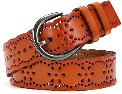 XZQTIVE Damen Gürtel für Jeans Frauen hohle Blume Ledergürtel für Hosen breiter Gürtel mit soliden Pin Schnalle 1,5'' Breite,braun, 125cm(Passt Taillengröße 90-111cm)