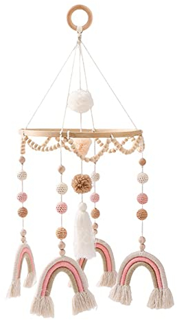 Baby Mobile für Kinderbett Baby Holz mit Filzkugeln Kinderzimmer Hängebett Glocke Babybett Mobile Windspiel Rassel Spielzeug Regenbogen Babybett Mobile Windspiel mit Filzkugeln Geschenk