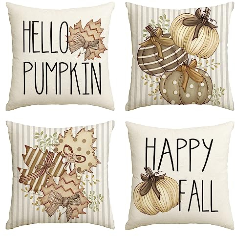 Artoid Mode Streifen Ahornblätter Hallo Kürbisse Herbst Kissenbezüge 4er Set, 45x45 cm Zierkissenbezug Cushion Cover Couch Wohnzimmer Deko