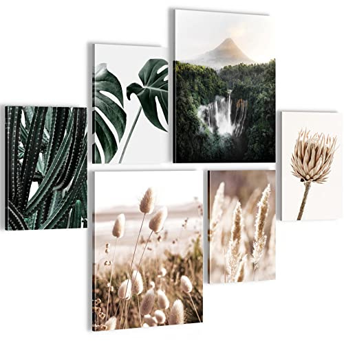 Novart Wandbilder Set Boho Natur Beige Grün - KEIN EXTRA RAHMEN BENÖTIGT - Modern Deko - Wohnzimmer Schlafzimmer N023763a