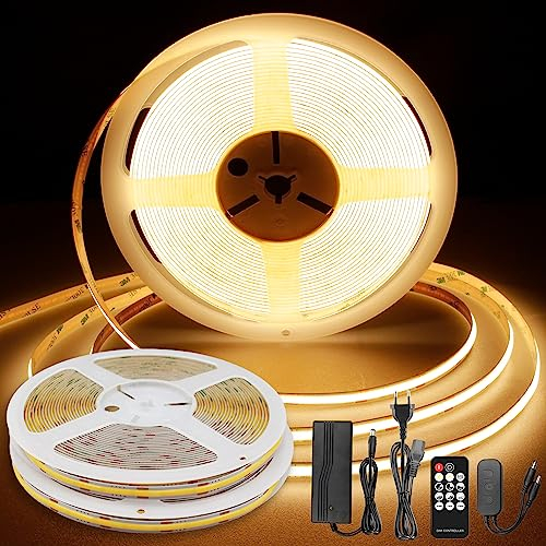 TTWAY COB LED Streifen 20m, 2x10m, 2700K DC24V LED Streifen mit Netzteil, Fernbedienung, 384LEDs/M, CRI 90+, 8mm Breite, Dimmbare LED Strip für Heimdekoration,Schlafzimmer, Küche, Party, Warmweiß.