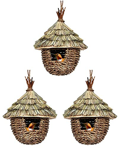 Evzvwruak 3 Handgewebte Hängende -Vogelhäuser zum Nisten, Naturgras-Vogelnest für Garten, Terrasse