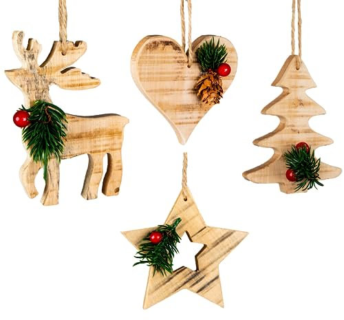 SHATCHI Estrella rústica, Reno, árbol de corazón, Adornos navideños de Madera, Colgantes Colgantes de Navidad, Regalos de Manualidades, Madera, Surtido de 4 Piezas