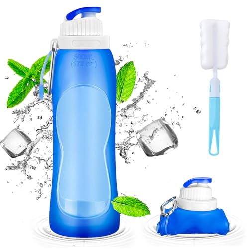 GZhaimai 1 borraccia pieghevole da 500 ml, bottiglia d'acqua pieghevole per zaino, bicicletta, trekking, jogging, campeggio e arrampicata con spazzola per la pulizia