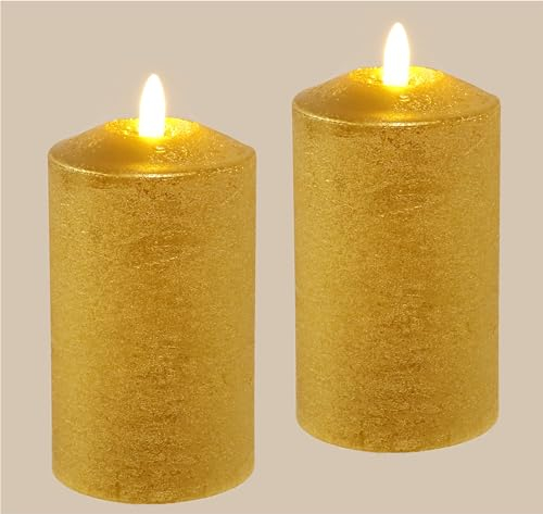 Flair Flower LED Kerzen Echtwachs 2er Set elektrische Kerze LED-Kerze Warmweiß Stimmungslicht Lichter Dekoration Stumpenkerze große Adventskerzen Adventskranz Kranz Valentinstag, 12,5x7,5cm, gold
