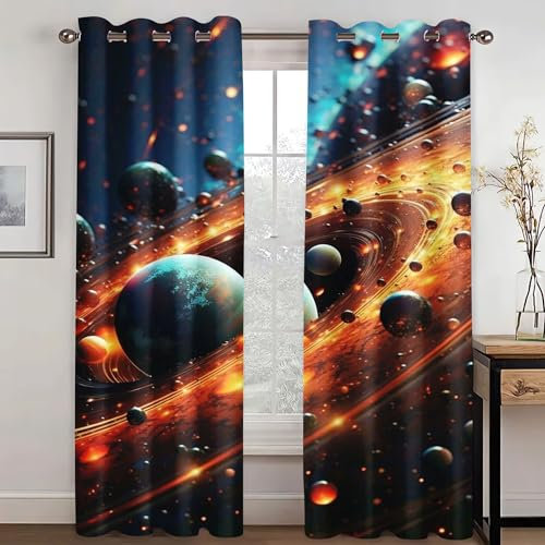 KARPIX Universum Planet Fenstervorhang Weltraum Sternenklar vorhänge Mit Ösen Blickdicht Gardine Für Kinder Und Jugendliche, 2 Paneele (2,280x180cm(2x140x180cm))