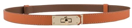 IEMIEBOAMGNOY Verstellbarer, dünner Gürtel für Damen, Leder, schmaler Gürtel für Damenkleider, einfarbig, Legierung, Drehverschluss, Orangefarbene und goldene Schnalle, S
