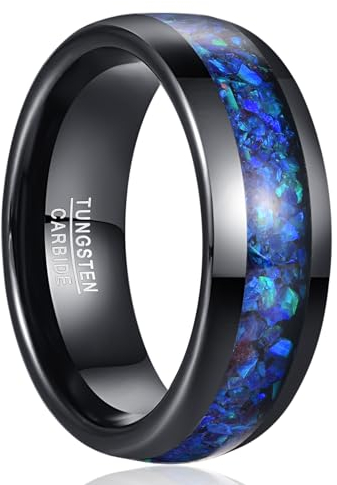 NUNCAD Herrenring 8mm Schwarzer Eheringe mit Blauer Opal Gewölbter Wolfram Ring für Hochzeit, Verlobung, Alltag, Größe 65(20.7)