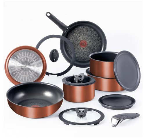 T-fal Ingenio Expertise Non Stick Cookware Set 14 Piece, Induction, Oven Broiler Safe 500F, Stackable, Pots and Pans, RV, Camping, Fry Pans, Dishwasher Safe, Detachable/Removable Handle, Copper