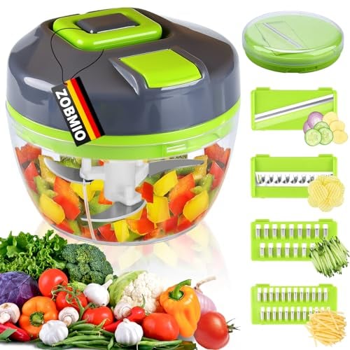 ZOBMIO Picadora Manual con Cuerda con 4 Cuchillas Onduladas, 1 Tapa de Recambio con Cable de Tracción Picadora de Verduras Manual, Cortador Cebolla Trituradora Multiusos, Picadora Cebolla