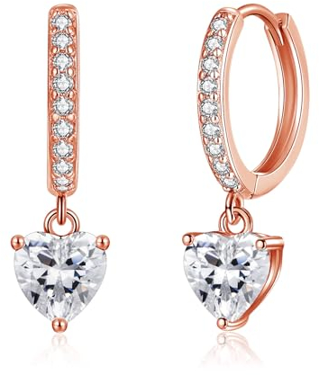 Cangall Creolen Rose Gold mit Herz Anhänger, 925 Sterling Silber Ohrringe Hängend mit Zirkonia Ohrhänger, Hypoallergen Schlafen Knorpel Ohrringe Rose Gold Damen Herz Creolen für Mädchen