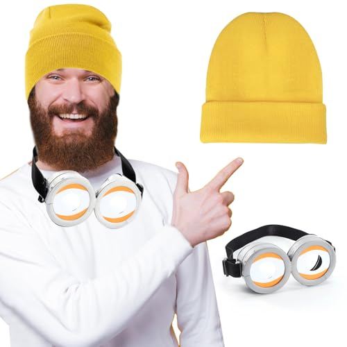 Minion Brille mit schwarzen Handschuhen, gelber Hut für Halloween Karneval Weihnachten Party (Style 1)