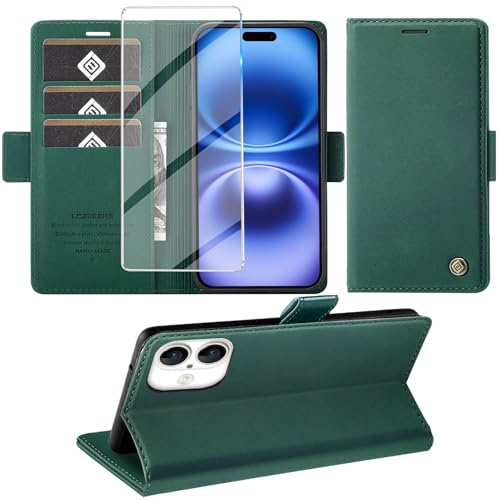 Giyer Handyhülle für iPhone 16 Hülle mit Schutzfolie, Kartenfach Wallet Klapphülle Premium Leder Standfunktion Schutzhülle für iPhone 16 4G/5G Flip Case Cover Tasche (Grün)