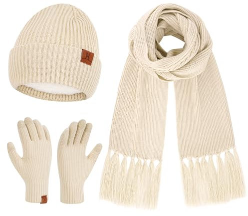 Damen Winter Warm Beanie Mütze Schal Touchscreen Handschuhe Set Thermo Wintermütze Strickmütze Lange Schals Winterhandschuhe mit Fleece Gefütterte Frauen Geschenk, Hafermehl