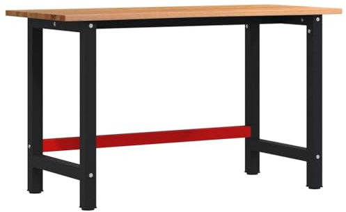 vidaXL Workbench Light Brown 140x60x81.5 cm Solid Oak Wood with Powder-Coated Metal Frame for Workshop, Garage, Home Office