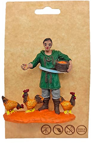Acan Tradineur - Figura de Granjero con gallinas para belén navideño 8,5 x 8 cm, durexina, Figura Decorativa Nacimiento, Pesebre, Navidad, decoración Tradicional
