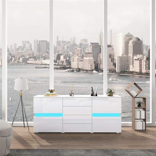Komtopod Sideboard TV Unit White Gloss Cabinet with 4 Drawers 2 Doors Modern TV Stand Side Unit with Led Lights 177cm for Living Room Hallways
