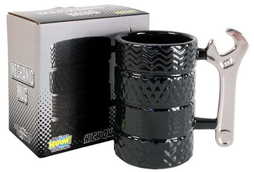 Kapow Gifts Mechanic Themed Ceramic Mug with Tyre Shaped Textured Design, 12 cm Height, Black Gift Boxed Cup