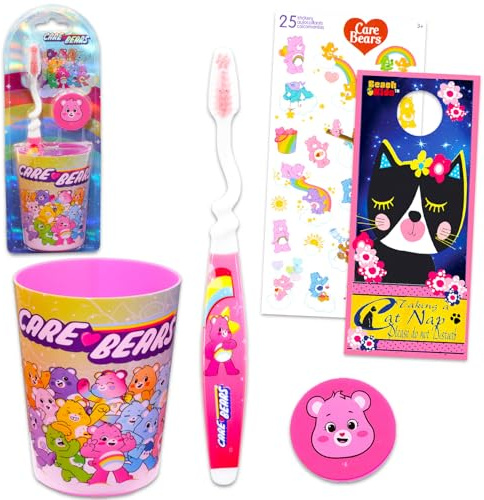 Care Bears Kit de brosse à dents et gobelet pour enfants – Ensemble avec brosse à dents Care Bears – Tasse Care Bears et autocollants, et plus pour filles, tout-petits | Ensemble de brosses à dents