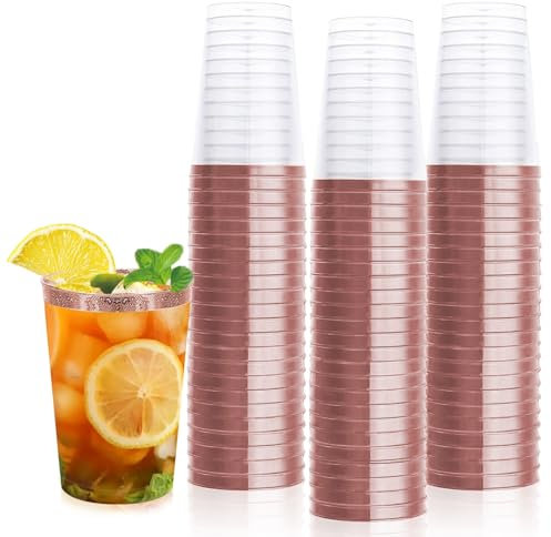 mauepersu Lot De 50 Gobelets En Avec Bord Dorée, 350 ml, Réutilisables, élégants, Verres à vin, Pour Champagne, Bière, Cocktail, Martini, Soda, Dessert (10,5 x 7,5 cm) (Or Rose)