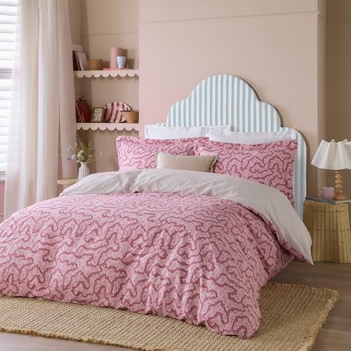 furn. Wylder Brianna Duvet Cover Set – Reversible Floral and Stripe 100% Tumbled Cotton Bedding (Cherry - Single)
