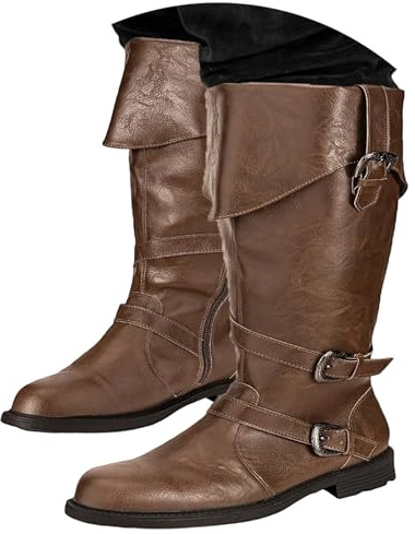 2025 Stivali medievali da uomo, stivali cosplay lunghi al polpaccio, tacco basso, stivaletti per feste in costume di Halloween apparizioni Camp scarpe da uomo rosso