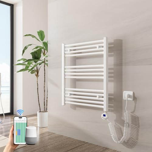 Heilmetz Badheizkörper Elektrisch mit Smart WiFi Heizstab 300W Leistung 700 x 600 mm Weiß Gerade Bad Heizkörper Handtuchwärmer Handtuchtrockner mit Thermostat Timer