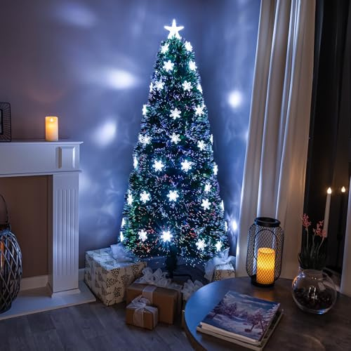 7ft Green Fibre Optic Christmas Tree with Multi Coloured Fibre Optics White LED Lights and Snowflakes