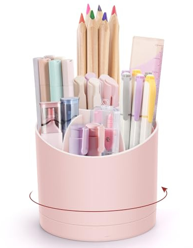 minimaliving Desk Organiser,360 Degree Rotating Pen Holder for Desk,Nordic Style Pencil Pot Cup,Modern Office Desk Accessories with 7 Slots Caddy for Desktop,School,Home,Cosmetics(Pink)