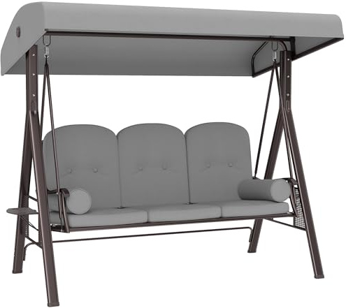Outsunny 3 Seater Canopy Swing Chair, Outdoor Garden Swing Seat with Adjustable Canopy, Cushions and Cup Trays, Steel Frame, Light Grey